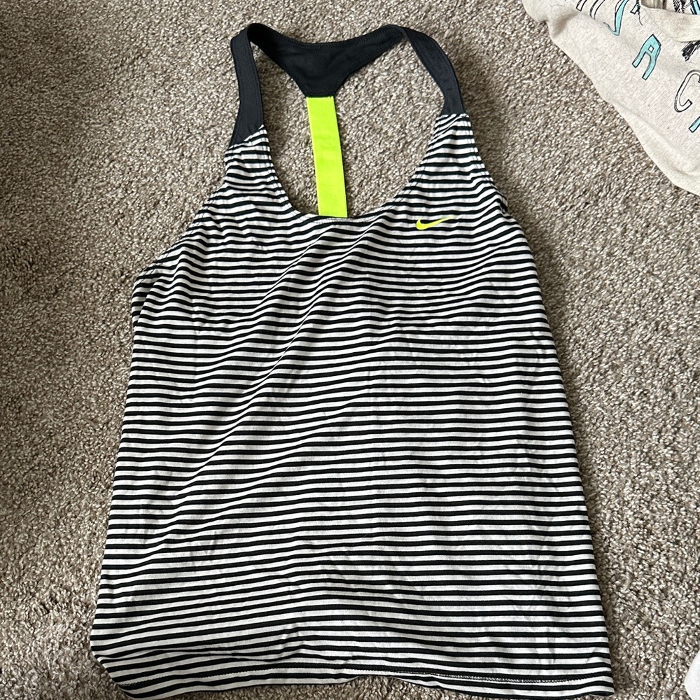 Nike Black & White Striped Sports Top with Neon Yellow T-Back